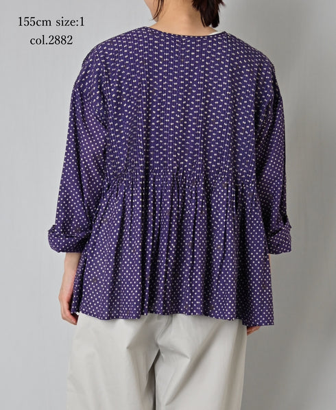 INMDS26083 80s VOILE SQUARE BLOCK PRINT CREW NECK BUTTON SHIRTS WITH MINI PINTUCK