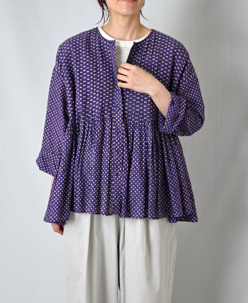 INMDS26083 80s VOILE SQUARE BLOCK PRINT CREW NECK BUTTON SHIRTS WITH MINI PINTUCK