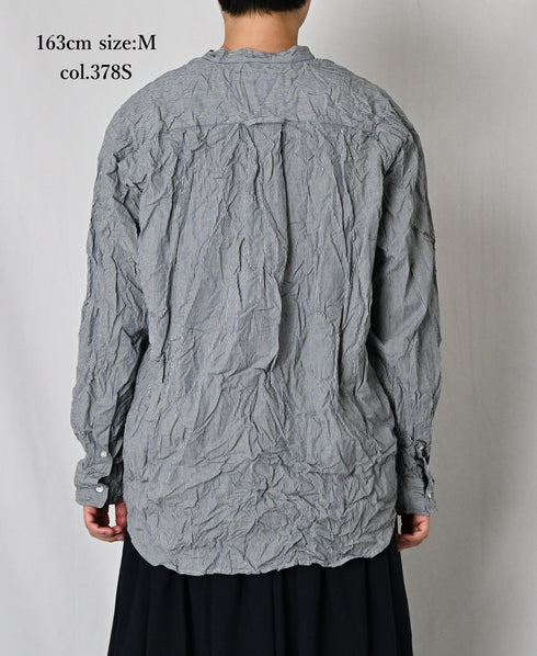 NVL2681SCW POPLIN STRIPE & CHECK WRINKLE BANDED COLLAR L/SL OVERSIZED SHIRTS
