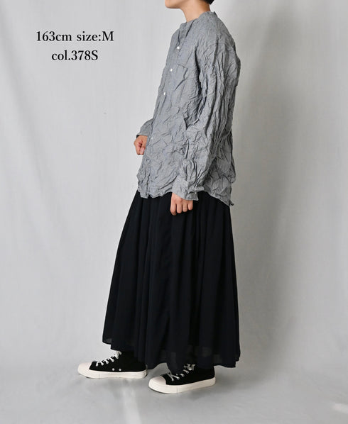 NVL2681SCW POPLIN STRIPE & CHECK WRINKLE BANDED COLLAR L/SL OVERSIZED SHIRTS