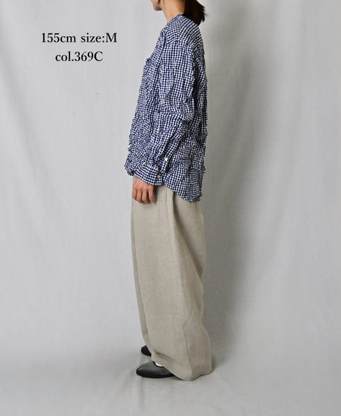 NVL2681SCW POPLIN STRIPE & CHECK WRINKLE BANDED COLLAR L/SL OVERSIZED SHIRTS