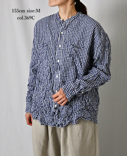 NVL2681SCW POPLIN STRIPE & CHECK WRINKLE BANDED COLLAR L/SL OVERSIZED SHIRTS