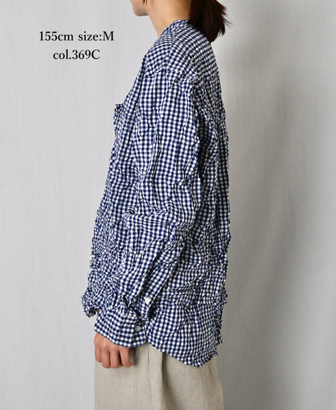 NVL2681SCW POPLIN STRIPE & CHECK WRINKLE BANDED COLLAR L/SL OVERSIZED SHIRTS