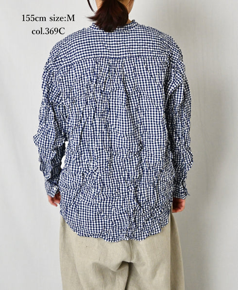 NVL2681SCW POPLIN STRIPE & CHECK WRINKLE BANDED COLLAR L/SL OVERSIZED SHIRTS