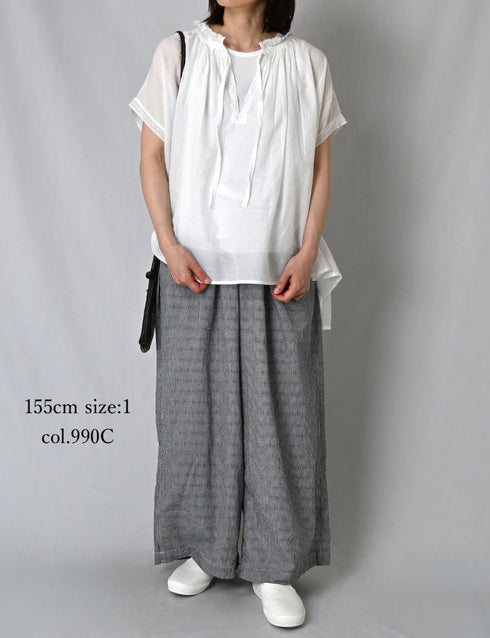 INAM2505C SEERSUCKER GINGHAM CHECK WASH GATHERED EASY PANTS WITH LINING