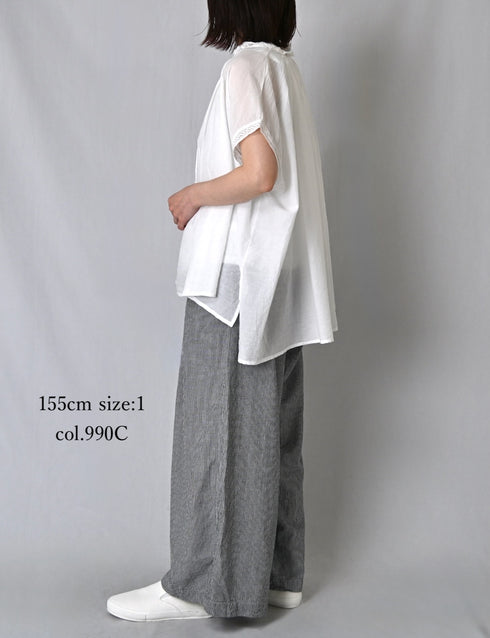 INAM2505C SEERSUCKER GINGHAM CHECK WASH GATHERED EASY PANTS WITH LINING