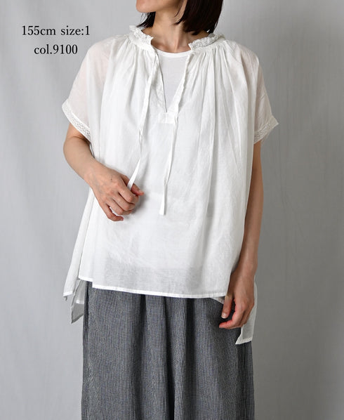 NSL26092 80s COTTON VOILE LACE LACE&STRING COLLAR GATHERED SHIRT