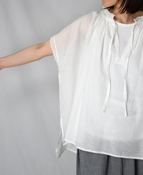 NSL26092 80s COTTON VOILE LACE LACE&STRING COLLAR GATHERED SHIRT