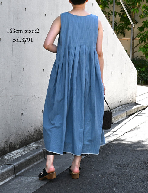 INMDS26063 HANDWOVEN COTTON STRIPE INVERTED PLEAT NO/SL PULLOVER DRESS
