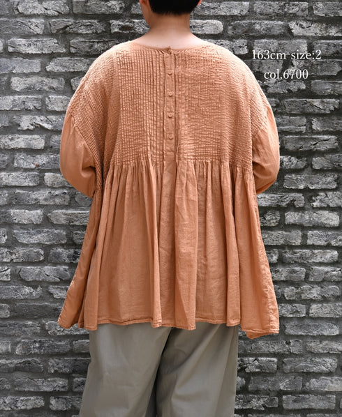 NMDS26511D 80s ORGANIC VOILE STRIPE (OVERDYE) CREW-NECK 3/4 SL SHIRT WITH MINI PINTUCK