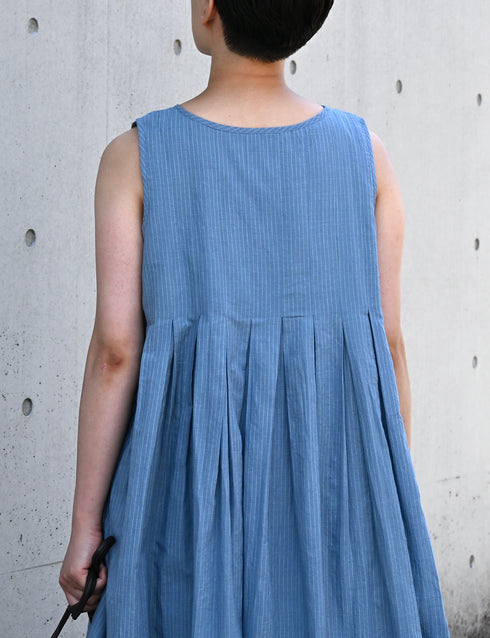 INMDS26063 HANDWOVEN COTTON STRIPE INVERTED PLEAT NO/SL PULLOVER DRESS