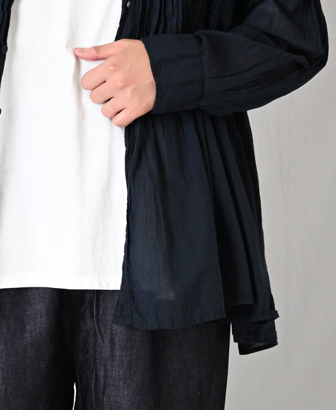 NMDS26512D 80s ORGANIC VOILE STRIPE (OVERDYE) MINI PINTUCK BANDED SHIRT