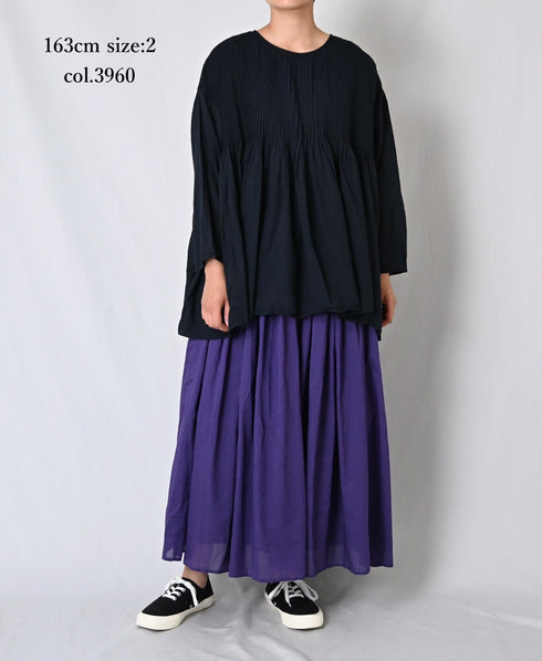 NMDS26511D 80s ORGANIC VOILE STRIPE (OVERDYE) CREW-NECK 3/4 SL SHIRT WITH MINI PINTUCK