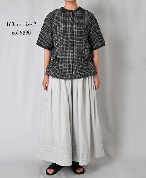 NMDS26281 80s POWER LOOM LINEN CHECK LACE PINTUCK HALF/SLEEVE 2WAY SHIRT