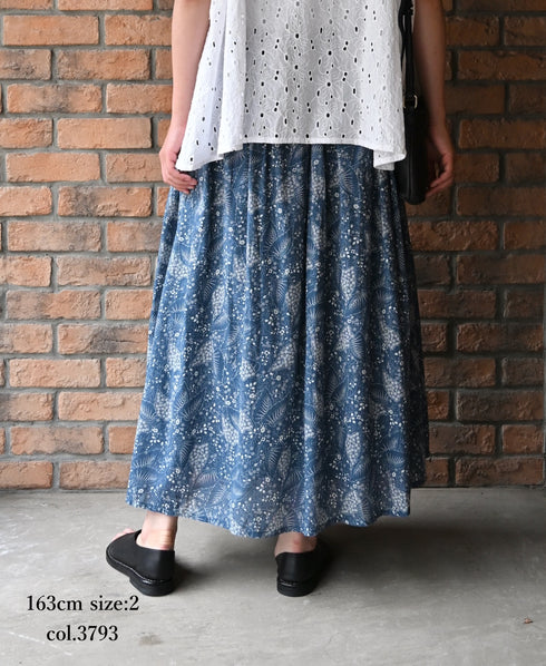 NSL26065 80s VOILE LEAF & FLOWER PRINT GATHERED SKIRT