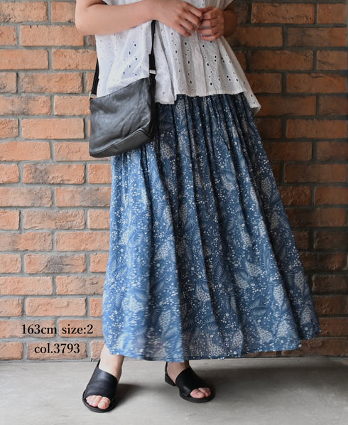 NSL26065 80s VOILE LEAF & FLOWER PRINT GATHERED SKIRT