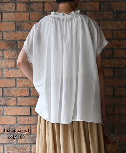 NSL26092 80s COTTON VOILE LACE LACE&STRING COLLAR GATHERED SHIRT