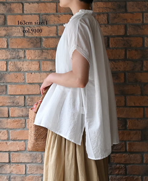 NSL26092 80s COTTON VOILE LACE LACE&STRING COLLAR GATHERED SHIRT