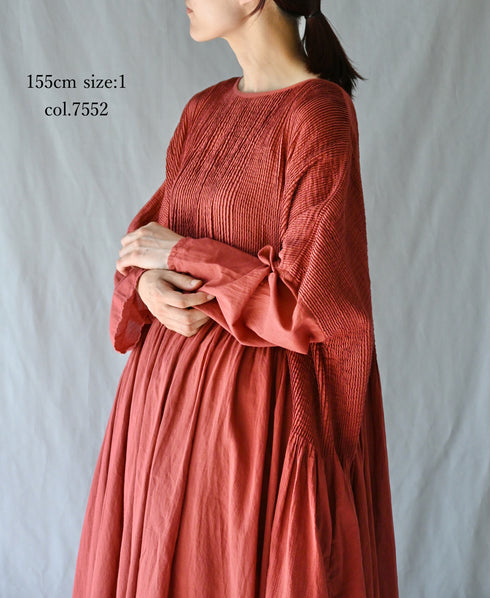 NMDS26602D ORGANIC MICRO CHECK&VOILE PLAIN PATCHWORK OVERDYE PINTUCK PULLOVER DRESS