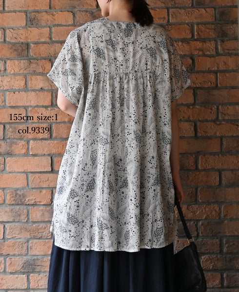 NSL26064 80s VOILE LEAF & FLOWER PRINT V-NECK FRENCH/SL TUNIC