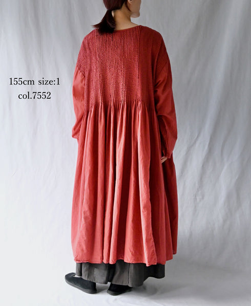 NMDS26604D ORGANIC MICRO CHECK&VOILE PLAIN PATCHWORK OVERDYE CREW-NECK BUTTON SHIRT MAXI DRESS WITH PINTUCK