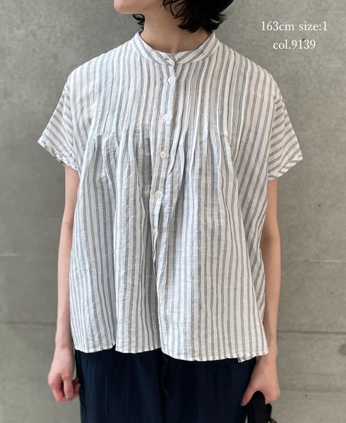 INSL26331 60s AUTO LOOM COTTON/LINEN STRIPE BANDED COLLAR FRENCH/SL PINTUCK SHIRTS