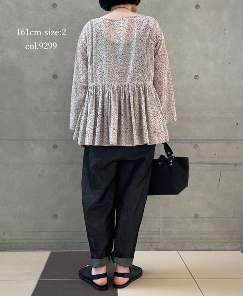 INMDS26121 POWER LOOM COTTON VOILE ARABESQUE HAND SCREEN PRINT RAJASTHAN TUCK GATHERED 3/4SL PULLOVER