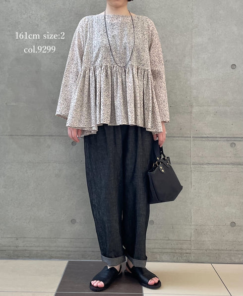 INMDS26121 POWER LOOM COTTON VOILE ARABESQUE HAND SCREEN PRINT RAJASTHAN TUCK GATHERED 3/4SL PULLOVER