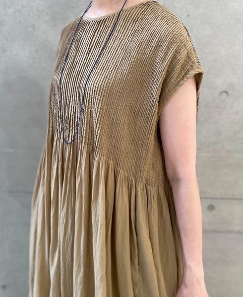 NMDS26513D 80s ORGANIC VOILE STRIPE (OVERDYE) CREW-NECK F/SL DRESS WITH PINTUCK