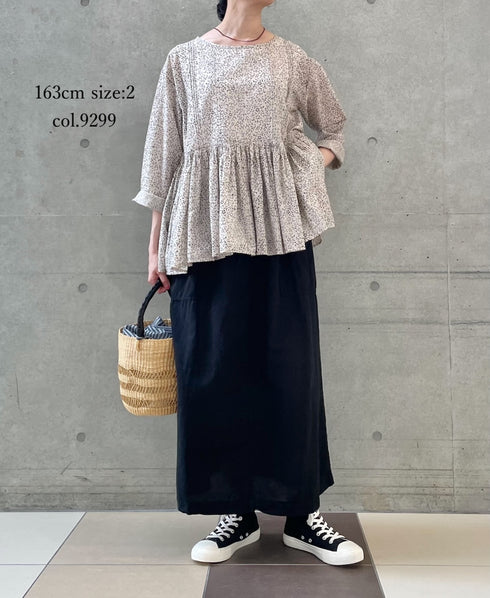 INMDS26121 POWER LOOM COTTON VOILE ARABESQUE HAND SCREEN PRINT RAJASTHAN TUCK GATHERED 3/4SL PULLOVER