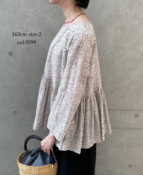 INMDS26121 POWER LOOM COTTON VOILE ARABESQUE HAND SCREEN PRINT RAJASTHAN TUCK GATHERED 3/4SL PULLOVER