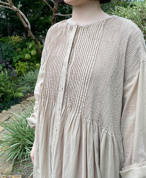 NMDS26604D ORGANIC MICRO CHECK&VOILE PLAIN PATCHWORK OVERDYE CREW-NECK BUTTON SHIRT MAXI DRESS WITH PINTUCK
