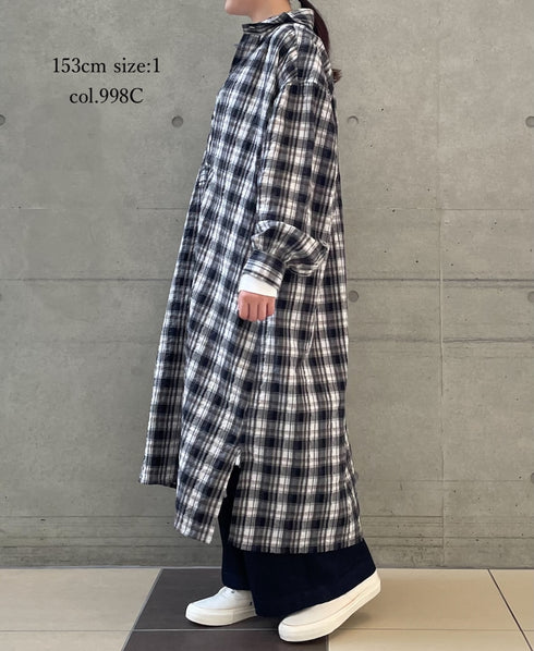 INAM2673 YARN DYED COTTON CHECK WORK GATHER LONG SHIRT