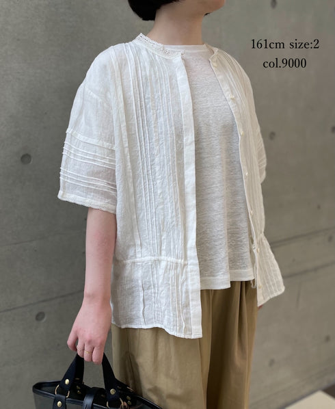 NMDS26271 80s POWER LOOM LINEN PLAIN LACE PINTUCK HALF/SLEEVE 2WAY SHIRT