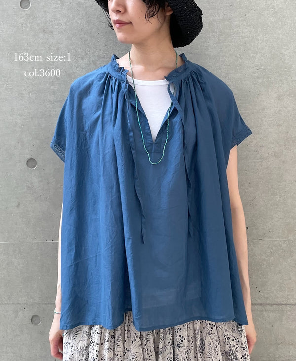 NSL26092 80s COTTON VOILE LACE LACE&STRING COLLAR GATHERED SHIRT