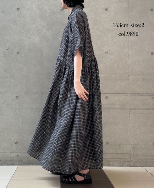 NMDS26284 80s POWER LOOM LINEN CHECK REGULAR COLLAR DRESS WITH RAJASTAN GATHER