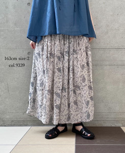 NSL26065 80s VOILE LEAF & FLOWER PRINT GATHERED SKIRT