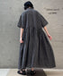 NMDS26284 80s POWER LOOM LINEN CHECK REGULAR COLLAR DRESS WITH RAJASTAN GATHER