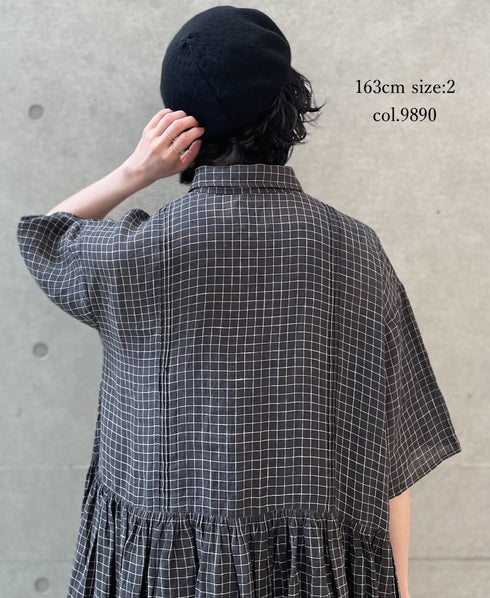 NMDS26284 80s POWER LOOM LINEN CHECK REGULAR COLLAR DRESS WITH RAJASTAN GATHER