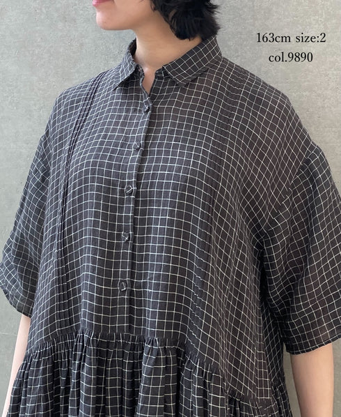 NMDS26284 80s POWER LOOM LINEN CHECK REGULAR COLLAR DRESS WITH RAJASTAN GATHER