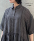NMDS26284 80s POWER LOOM LINEN CHECK REGULAR COLLAR DRESS WITH RAJASTAN GATHER