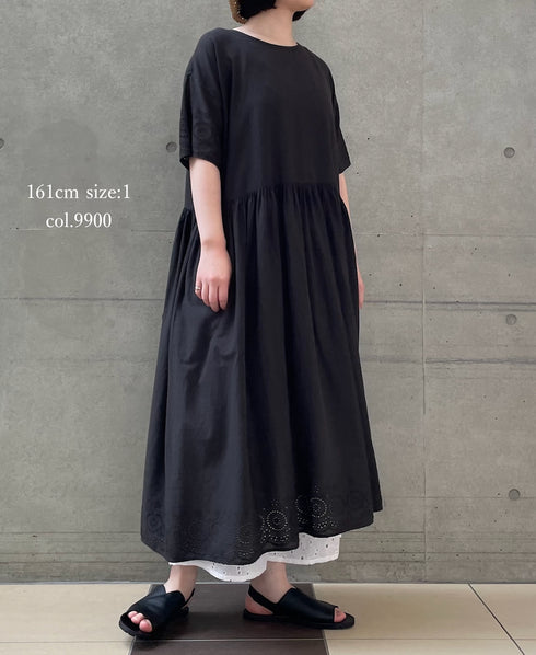 INSL26343 80s VOILE PLAIN WITH CUT WORK LACE CREW NECK PULLOVER DRESS