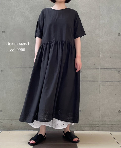 INSL26343 80s VOILE PLAIN WITH CUT WORK LACE CREW NECK PULLOVER DRESS