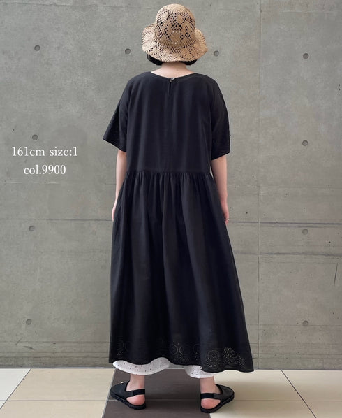 INSL26343 80s VOILE PLAIN WITH CUT WORK LACE CREW NECK PULLOVER DRESS