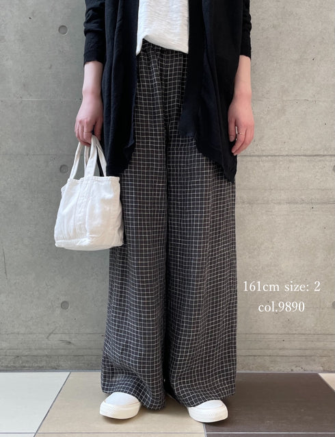 NMDS26285 80s POWER LOOM LINEN CHECK WIDE PANTS