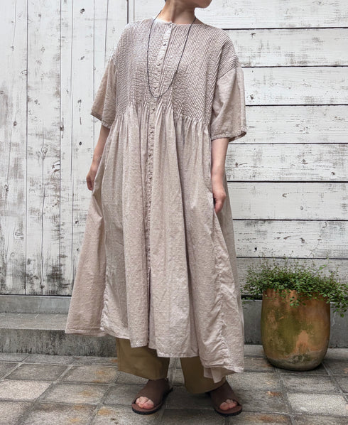 NMDS26504D 80s ORGANIC DOBIE CHECK OVERDYE CREW-NECK BUTTON SHIRT MAXI DRESS WITH PINTUCK