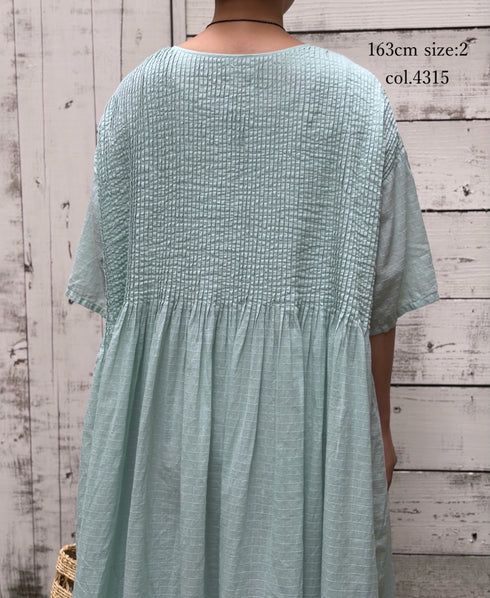 NMDS26504D 80s ORGANIC DOBIE CHECK OVERDYE CREW-NECK BUTTON SHIRT MAXI DRESS WITH PINTUCK