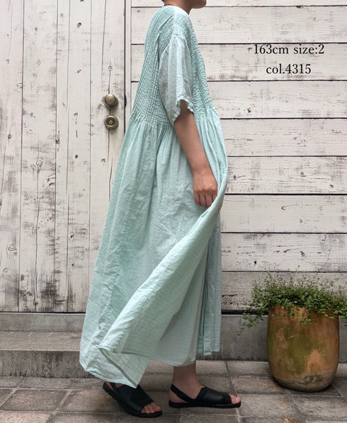 NMDS26504D 80s ORGANIC DOBIE CHECK OVERDYE CREW-NECK BUTTON SHIRT MAXI DRESS WITH PINTUCK