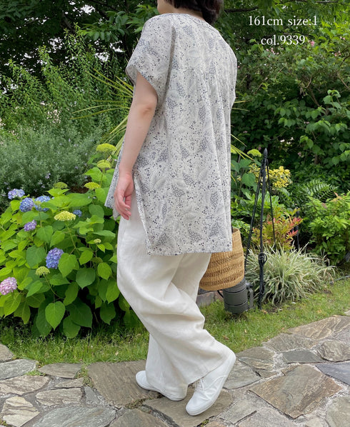 NSL26064 80s VOILE LEAF & FLOWER PRINT V-NECK FRENCH/SL TUNIC