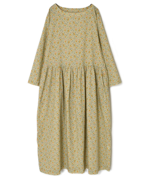 INAM2514FD COTTON FLOWER PRINT BOAT NECK L/SL ONE-PIECE